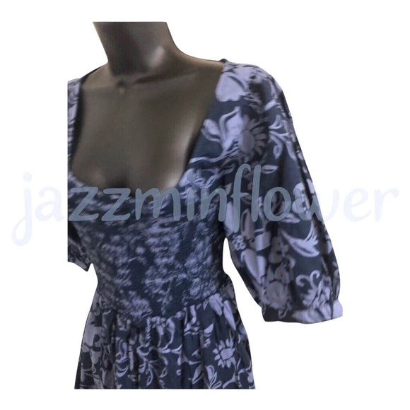 Free people dark navy blue dear delilah puff sleeve smocked babydoll mini dress - Picture 8 of 16